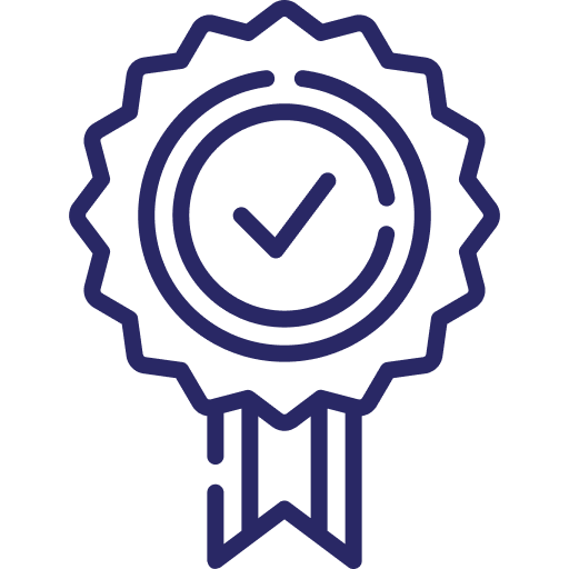 a blue line art of a badge with a check mark