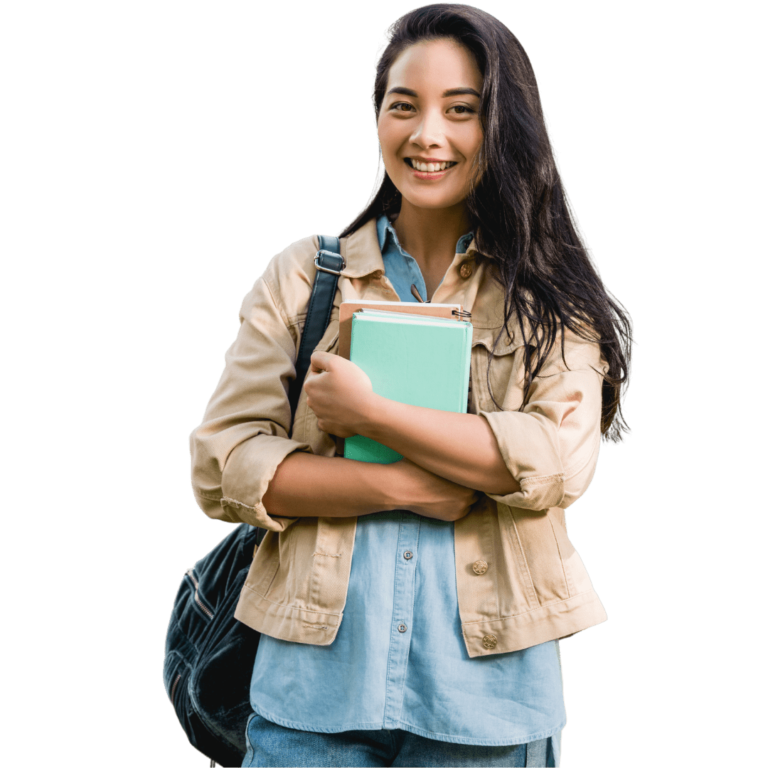 a woman holding books and smiling